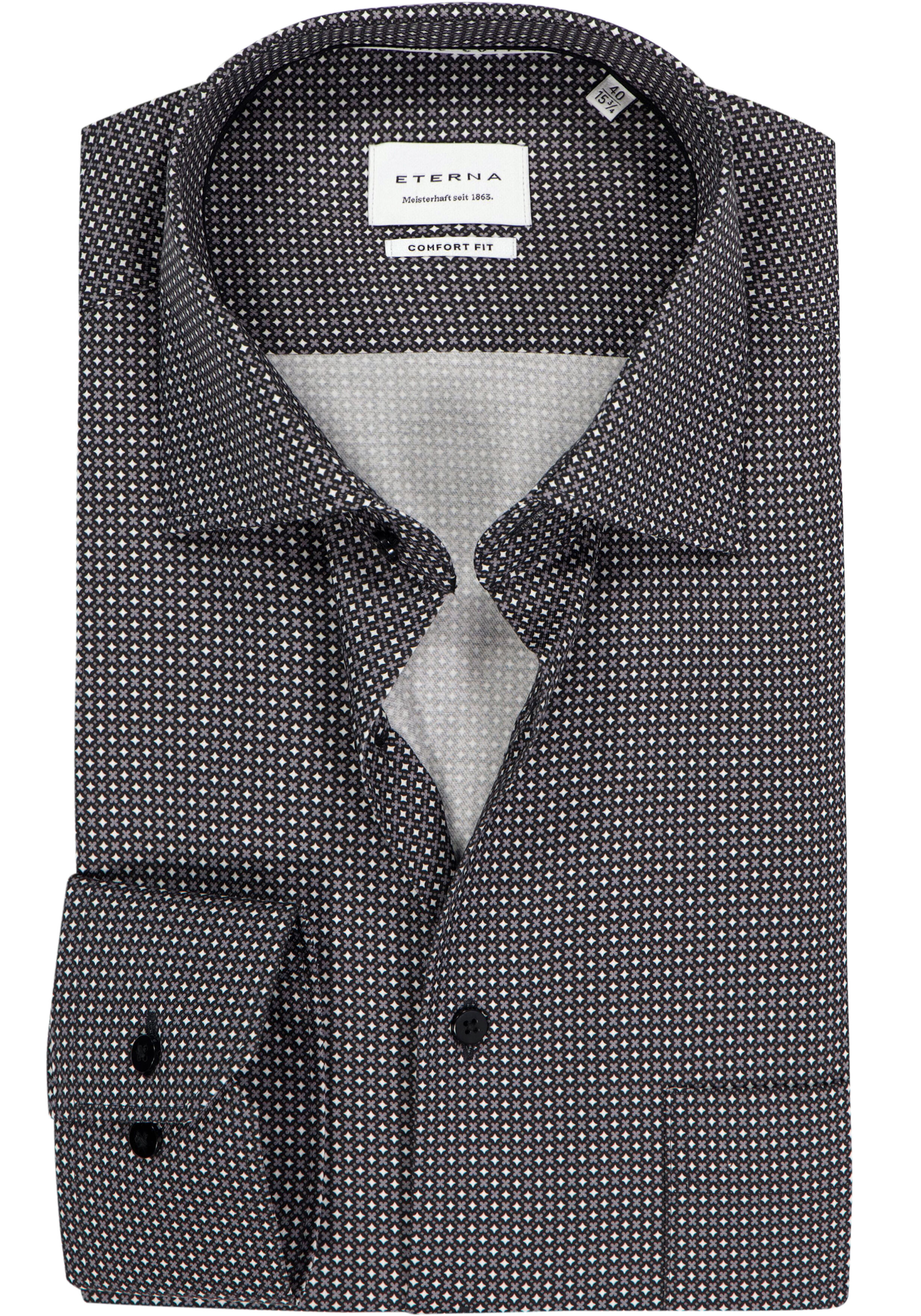 ETERNA comfort fit overhemd, twill, zwart met grijs en wit dessin